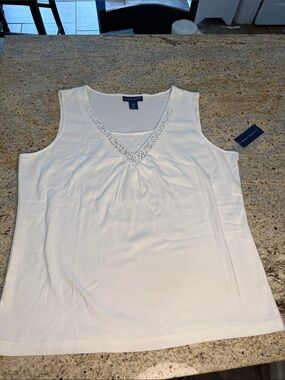 Karen Scott White V-Neck Sleeveless Tank with Rhinestone Detail